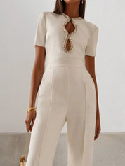 Women White Cut Out Short Sleeve Rheinstone Wide-Leg Jumpsuit
