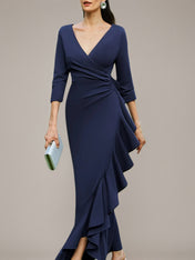 Navy Sheath/Column Stretch Crepe V Neck 3/4 Sleeves Asymmetrical Dresses
