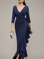 Navy Sheath/Column Stretch Crepe V Neck 3/4 Sleeves Asymmetrical Dresses