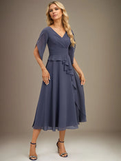 A Line V-Neck Tea-Length Chiffon Mother Of Bride Dresses With Pleated