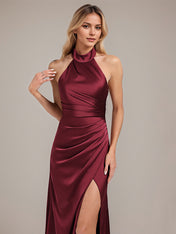 Burgundy Sheath/Column Halter Floor-Length Satin Bridesmaid Dress With Ruched