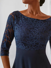 Purplish blue Lace Chiffon Crew Neck Half Sleeve A-Line Midi Dress
