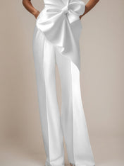 White Stretch Crepe Round Neck Sleeveless Floor Length Pantsuits
