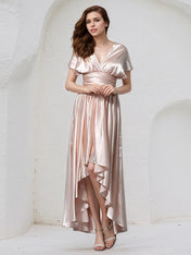 Pearl Pink Satin A Line Halter Neck Sleeveless Asymmetrical Bridesmaid Dress