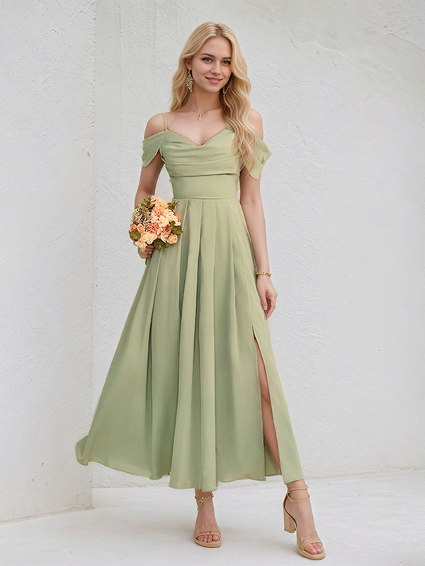 Green Chiffon A Line Spaghetti Straps Sleeveless Ankle Length Bridesmaid Dress