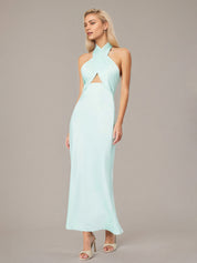 Mint Sheath/Column Satin Halter Neck Sleeveless Floor Length Dress