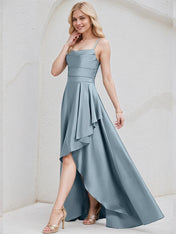 Dusty Blue Satin A Line Spaghetti Straps Sleeveless Asymmetrical Bridesmaid Dress