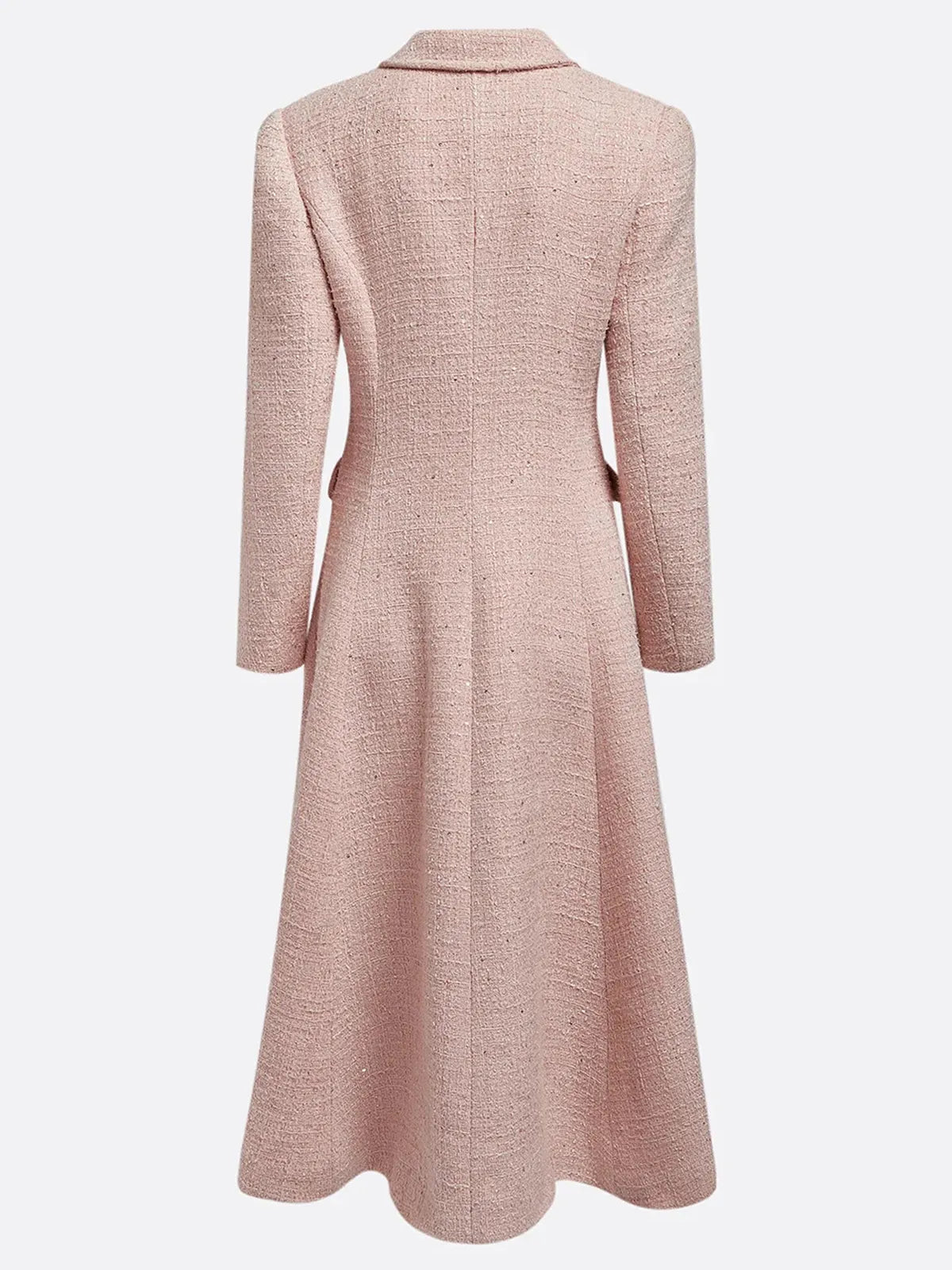 Pink Buckle Tweed Pointed Collar Long Sleeve A-Line Midi Dress