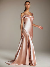 Blush Pink Satin Sheath/Column Asymmetrical Sleeveless Floor Length Bridesmaid Dress