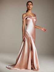 Blush Pink Satin Sheath/Column Asymmetrical Sleeveless Floor Length Bridesmaid Dress