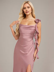 Vintage Mauve A-Line Spaghetti Straps Tea-Length Satin Bridesmaid Dress With 3D Floral