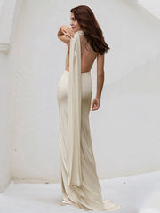 Ivory Satin Trumpet/Mermaid Halter Neck Floor Length Bridesmaid Dress