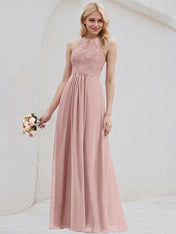 Dusty Rose A-Line Scoop Floor-Length Lace Chiffon Bridesmaid Dress
