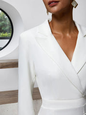 White Ruffled Shawl Collar Mermaid Midi Blazer Dress