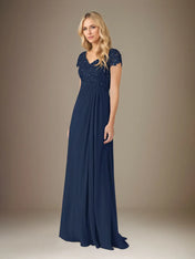 A Line Chiffon V Neck Short Sleeves Floor Length Pleated Mother of the Bride Dresses With Sequins
