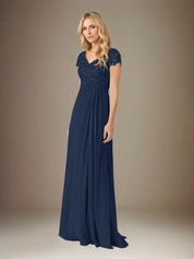 A Line Chiffon V Neck Short Sleeves Floor Length Pleated Mother of the Bride Dresses With Sequins