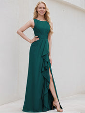 Peacock Chiffon A Line Scoop Neck Sleeveless Floor Length Bridesmaid Dress With Ruffle