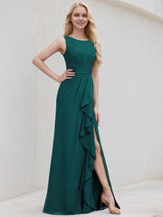 Peacock Chiffon A Line Scoop Neck Sleeveless Floor Length Bridesmaid Dress With Ruffle