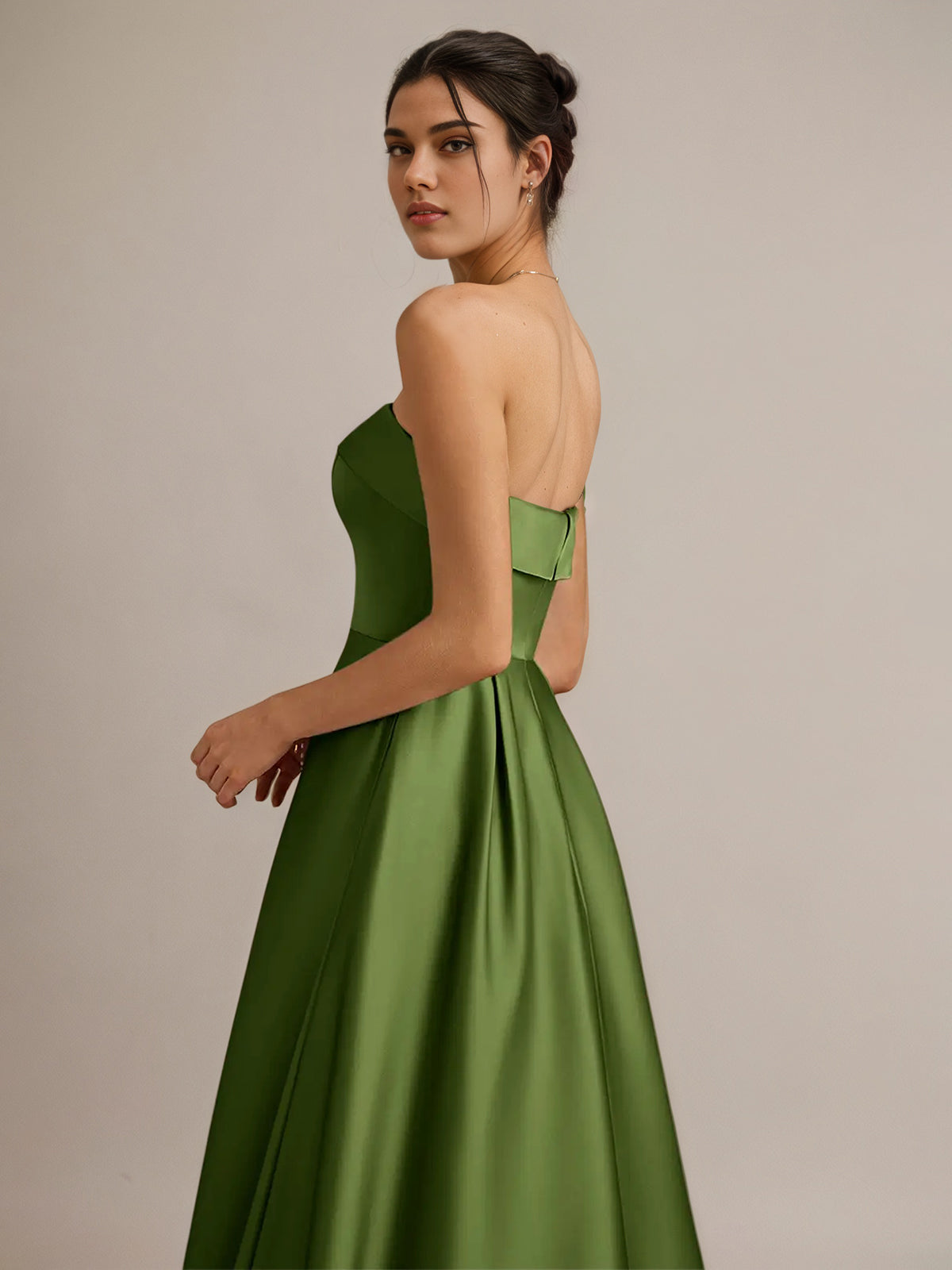 Green Satin A Line Off The Shoulder Sleeveless Ankle Length Bridesmaid Dress