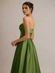 Green Satin A Line Off The Shoulder Sleeveless Ankle Length Bridesmaid Dress