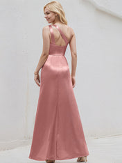 Desert Rose Satin A Line One Shoulder Floor Length Bridesmaid Dress With Ruffle