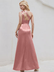 Desert Rose Satin A Line One Shoulder Floor Length Bridesmaid Dress With Ruffle