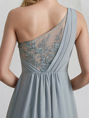 A-Line One Shoulder Floor-Length Lace Chiffon Bridesmaid Dress With Sequins