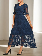 Purplish blue Lace V Neck Short Sleeve A-Line Midi Dress