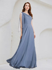 Navy Blue A-Line One Shoulder Floor-Length Chiffon Bridesmaid Dress With Bow
