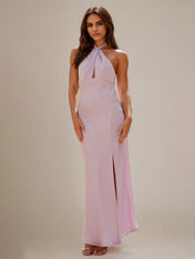 Lilac Chiffon Sheath/Column Halter Neck Sleeveless Floor Length Bridesmaid Dresses