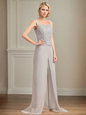 Chiffon Square Neck Sleeveless Floor Length Pleated Mother of the Bride Pantsuits