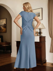 Trumpet/Mermaid V Neck Short Sleeve Floor Length Stretch Crepe Dress With Ruffles