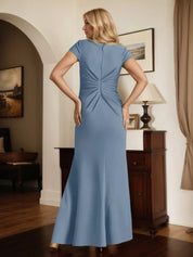 Trumpet/Mermaid V Neck Short Sleeve Floor Length Stretch Crepe Dress With Ruffles