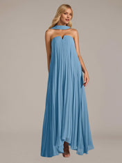 Blue A Line Satin Off The Shoulder Sleeveless Floor Length Dresses
