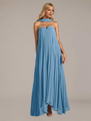 Blue A Line Satin Off The Shoulder Sleeveless Floor Length Dresses