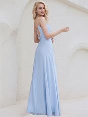 Sky Blue Chiffon A Line Spaghetti Straps Sleeveless Floor Length Bridesmaid Dress With Applique