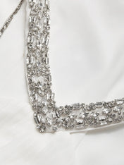 Women White Pleated Rhinestone Halter Sleeveless Dressy Jumpsuit