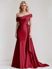 A Line Satin One Shoulder Sleeveless Floor Length Dress