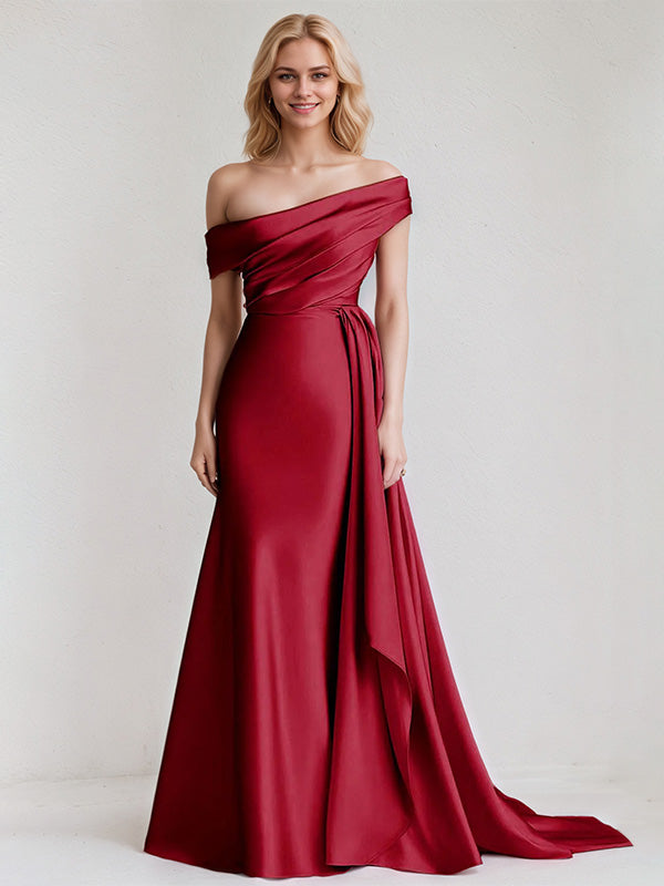 A Line Satin One Shoulder Sleeveless Floor Length Dress