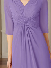 A Line Chiffon V Neck 3/4 Sleeves Floor Length Dress