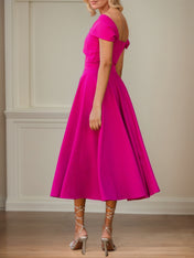 Fuchsia Stretch Crepe A Line Off The Shoulder Short Sleeves Tea Length Mother of the Bride Dresses