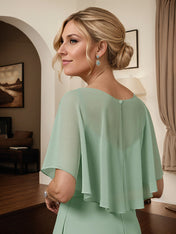 A Line Sage Chiffon Scoop Neck Cape Sleeves Floor Length Dress
