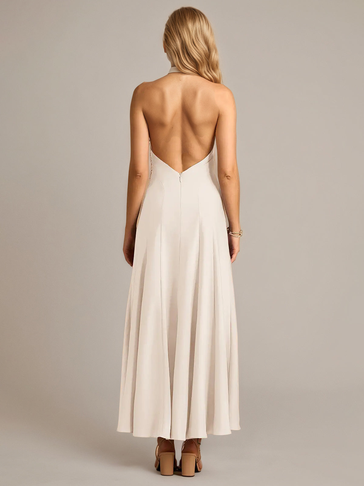 Cream Satin A Line Halter Neck Sleeveless Ankle Length Bridesmaid Dress