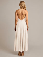 Cream Satin A Line Halter Neck Sleeveless Ankle Length Bridesmaid Dress