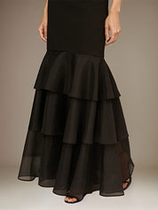 Black Stretch Crepe Off the Shoulder Sleeveless Floor Length Dress With Ruffles