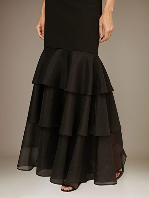 Black Stretch Crepe Off the Shoulder Sleeveless Floor Length Dress With Ruffles