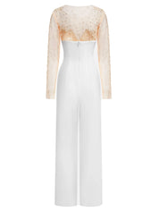 Women White Mesh Imitation Pearls Strapless Wide-Leg Jumpsuit