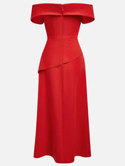 Red Slit Off The Shoulder A-Line Midi Dress
