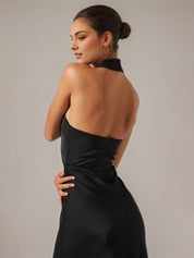 Black Satin Sheath/Column Halter Neck Sleeveless Ankle Length Dress
