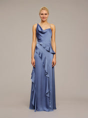 Slate Blue Sheath/Column Satin Asymmetrical Sleeveless Floor Length Dresses With Ruffles